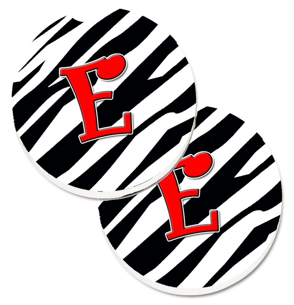 CJ1024-ECARC Monogram Initial E Zebra Red Set of 2 Cup Holder Car Coaster