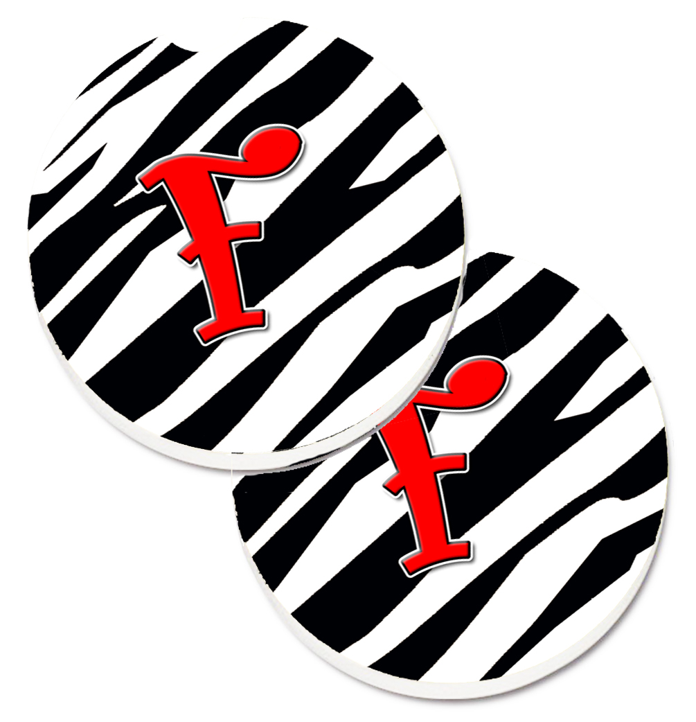 CJ1024-FCARC Monogram Initial F Zebra Red Set of 2 Cup Holder Car Coaster