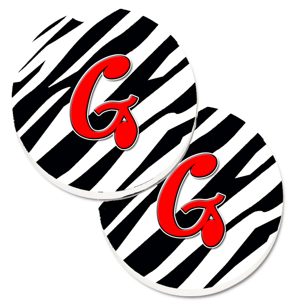 CJ1024-GCARC Monogram Initial G Zebra Red Set of 2 Cup Holder Car Coaster