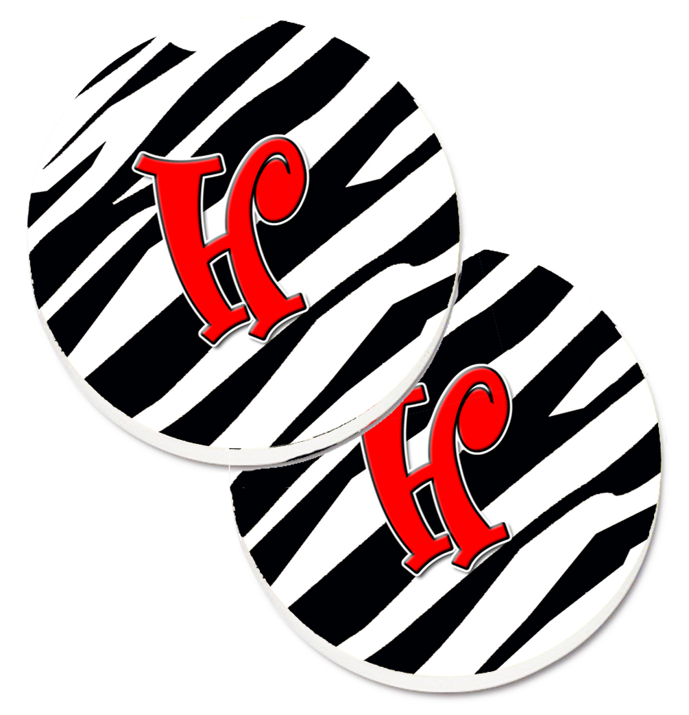 CJ1024-HCARC Monogram Initial H Zebra Red Set of 2 Cup Holder Car Coaster