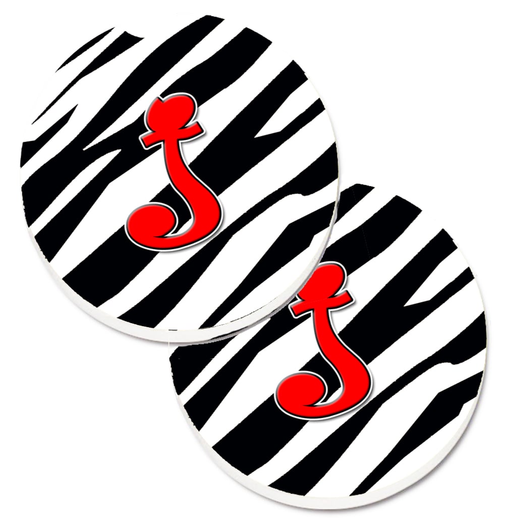 CJ1024-JCARC Monogram Initial J Zebra Red Set of 2 Cup Holder Car Coaster
