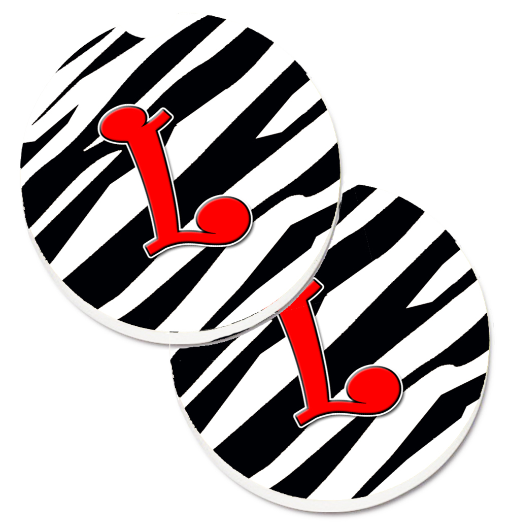 CJ1024-LCARC Monogram Initial L Zebra Red Set of 2 Cup Holder Car Coaster