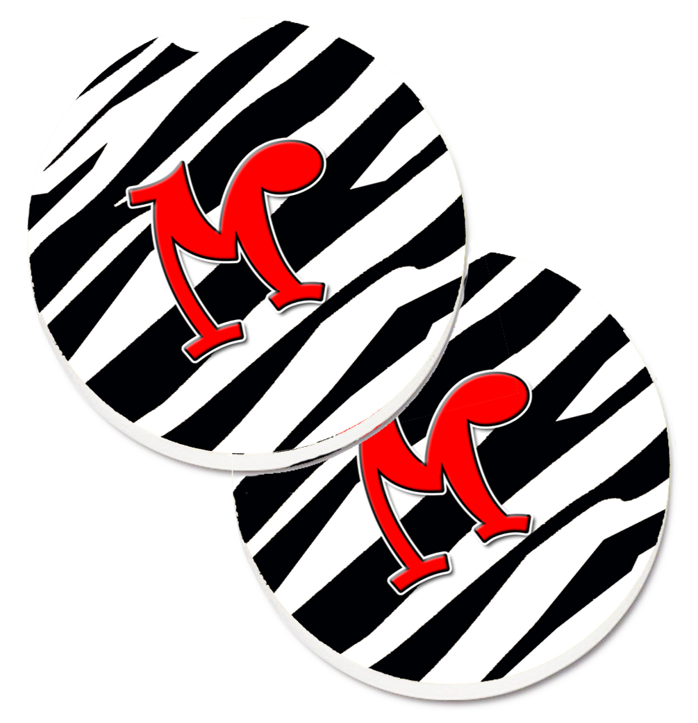 CJ1024-MCARC Monogram Initial M Zebra Red Set of 2 Cup Holder Car Coaster