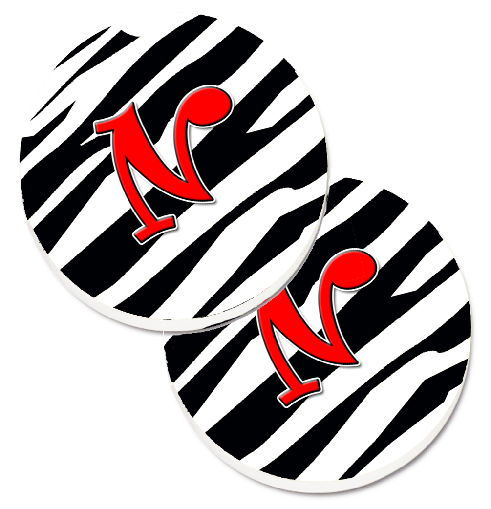 CJ1024-NCARC Monogram Initial N Zebra Red Set of 2 Cup Holder Car Coaster