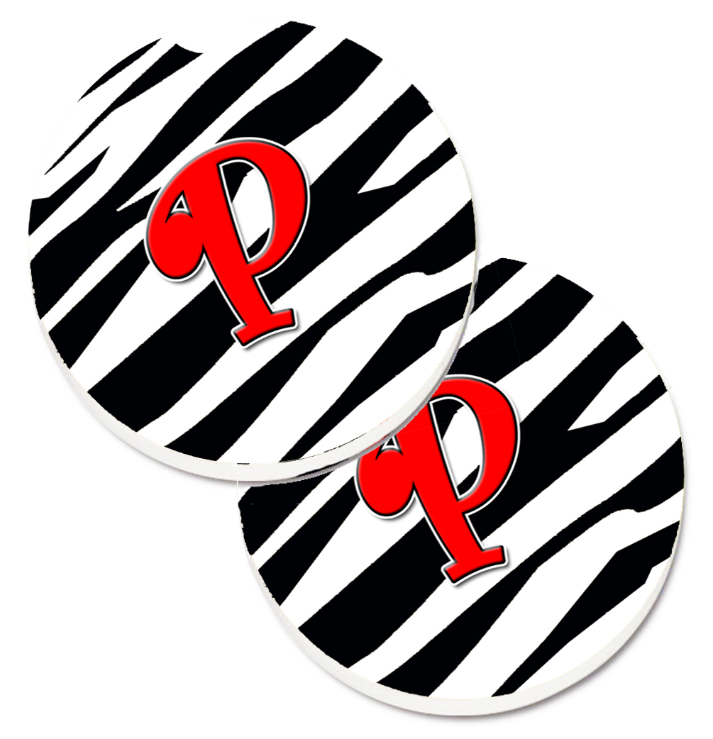 CJ1024-PCARC Monogram Initial P Zebra Red Set of 2 Cup Holder Car Coaster