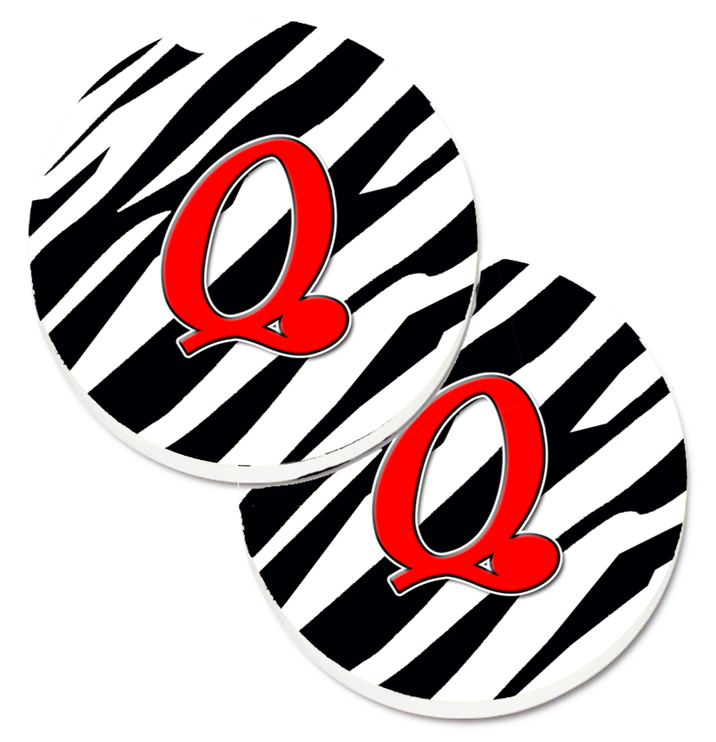 CJ1024-QCARC Monogram Initial Q Zebra Red Set of 2 Cup Holder Car Coaster