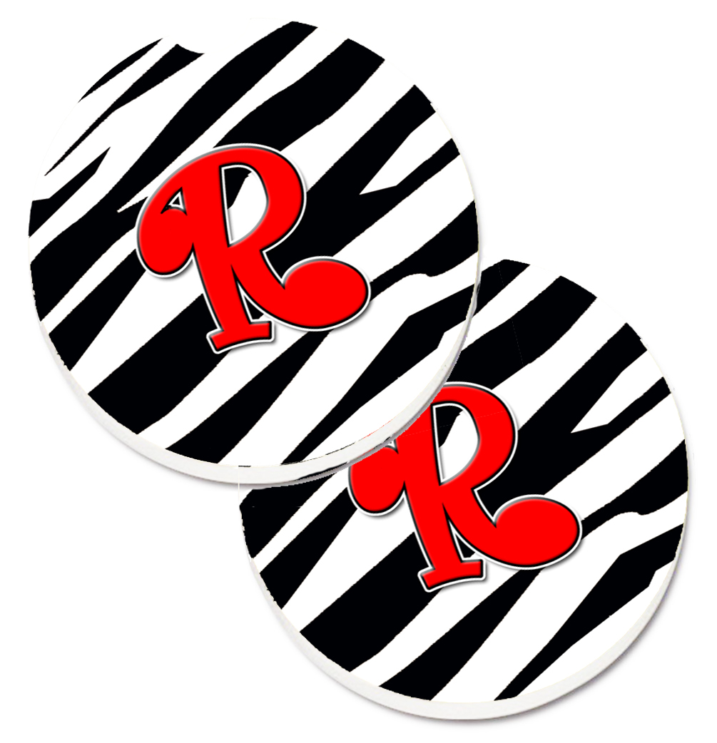 CJ1024-RCARC Monogram Initial R Zebra Red Set of 2 Cup Holder Car Coaster