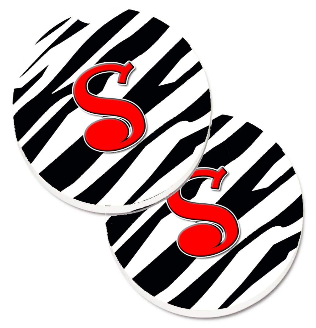 CJ1024-SCARC Monogram Initial S Zebra Red Set of 2 Cup Holder Car Coaster