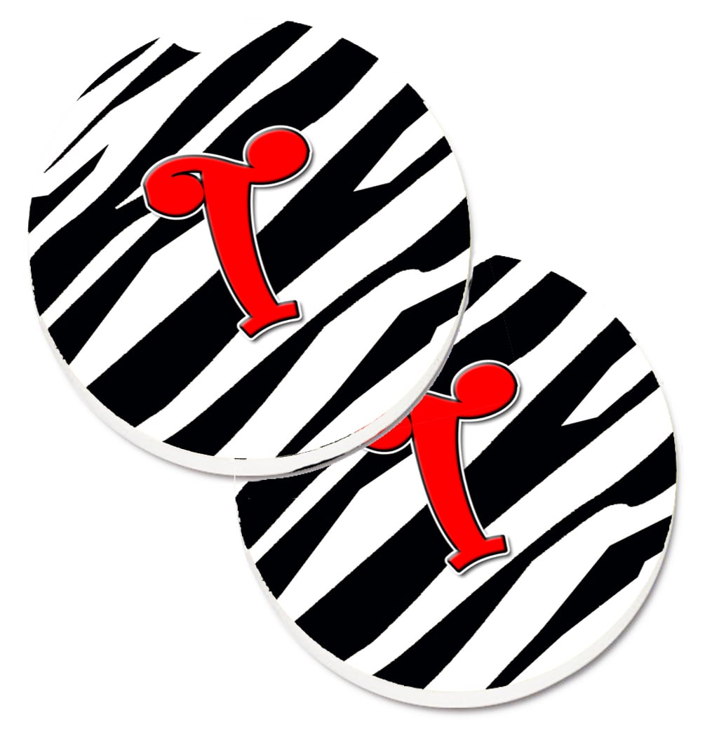 CJ1024-TCARC Monogram Initial T Zebra Red Set of 2 Cup Holder Car Coaster