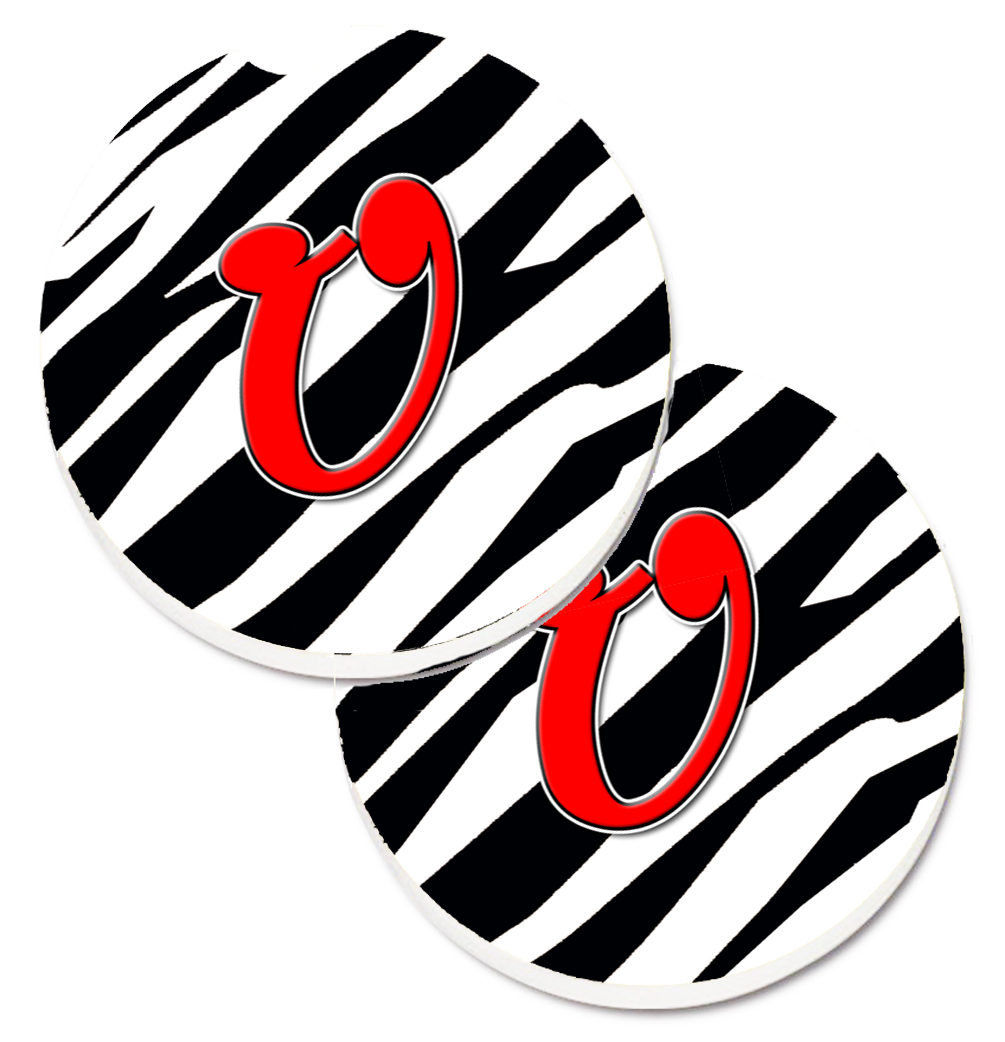 CJ1024-UCARC Monogram Initial U Zebra Red Set of 2 Cup Holder Car Coaster