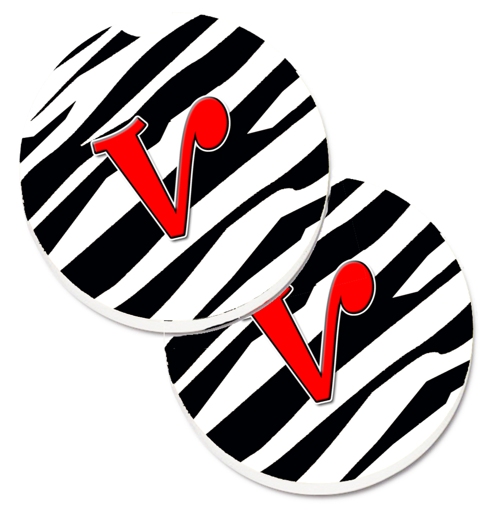 CJ1024-VCARC Monogram Initial V Zebra Red Set of 2 Cup Holder Car Coaster