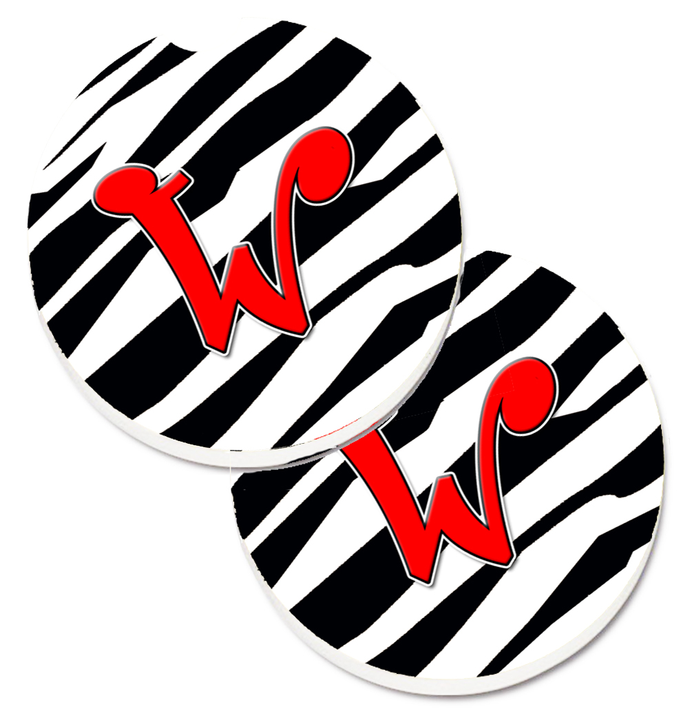 CJ1024-WCARC Monogram Initial W Zebra Red Set of 2 Cup Holder Car Coaster
