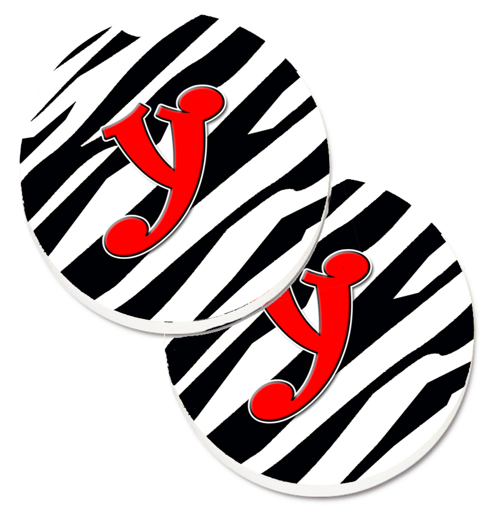 CJ1024-YCARC Monogram Initial Y Zebra Red Set of 2 Cup Holder Car Coaster