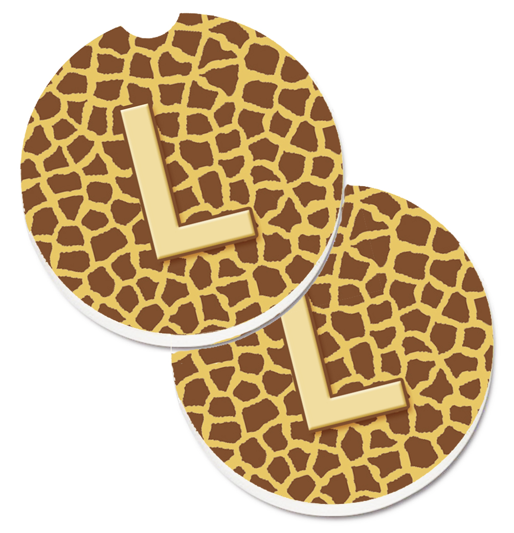 CJ1025-LCARC Monogram Initial L Giraffe Set of 2 Cup Holder Car Coaster