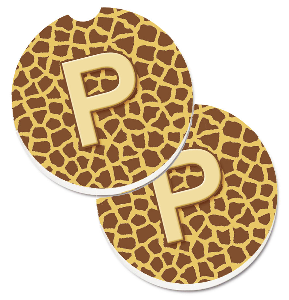 CJ1025-PCARC Monogram Initial P Giraffe Set of 2 Cup Holder Car Coaster