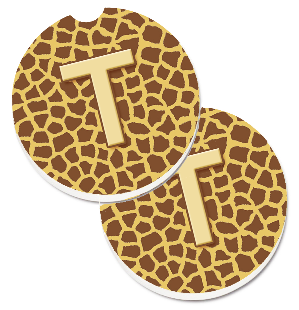 CJ1025-TCARC Monogram Initial T Giraffe Set of 2 Cup Holder Car Coaster