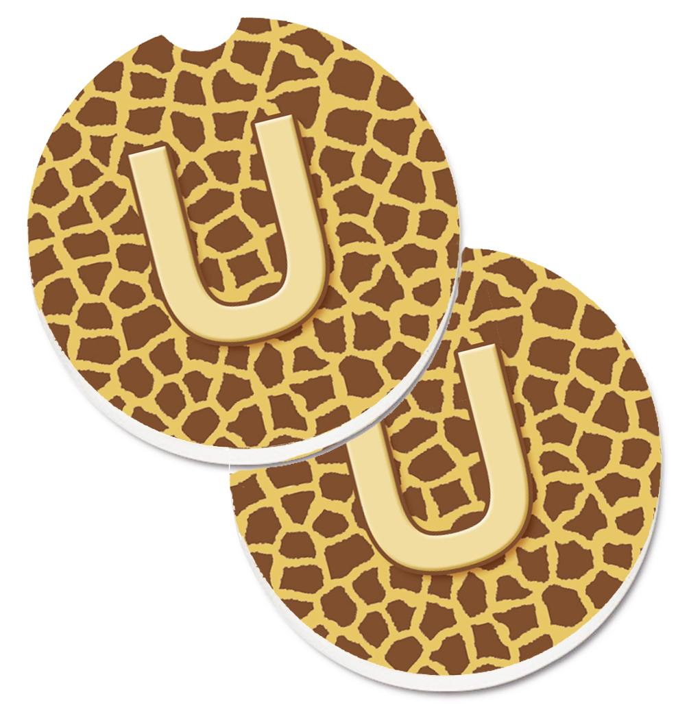 CJ1025-UCARC Monogram Initial U Giraffe Set of 2 Cup Holder Car Coaster