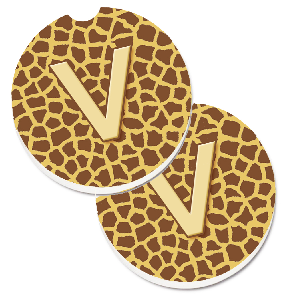 CJ1025-VCARC Monogram Initial V Giraffe Set of 2 Cup Holder Car Coaster