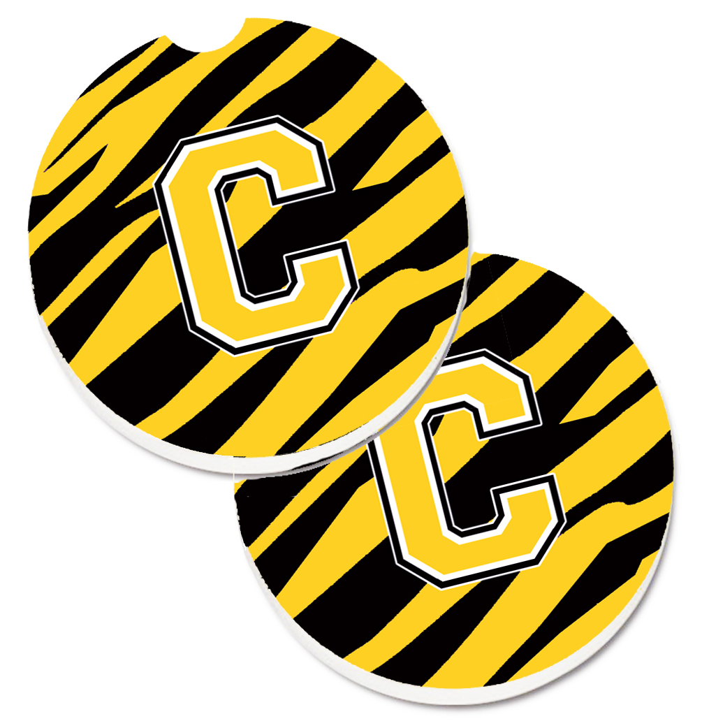CJ1026-CCARC Monogram Initial C Tiger Stripe Black & Gold Set of 2 Cup Holder Car Coaster