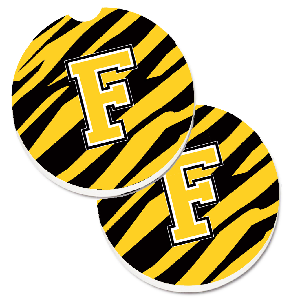 CJ1026-FCARC Monogram Initial F Tiger Stripe Black & Gold Set of 2 Cup Holder Car Coaster
