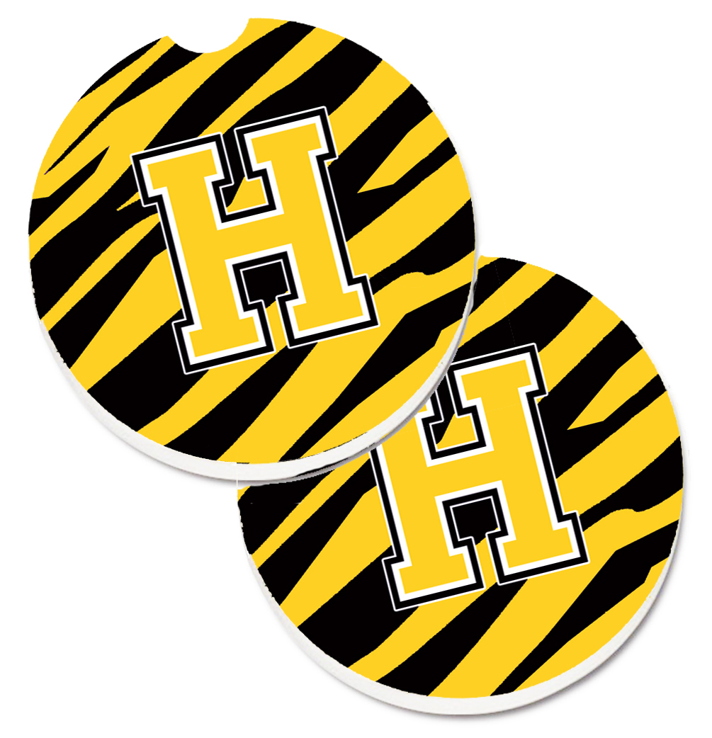 CJ1026-HCARC Monogram Initial H Tiger Stripe Black & Gold Set of 2 Cup Holder Car Coaster