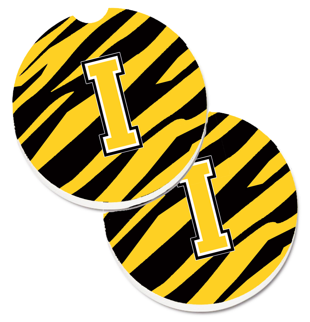 CJ1026-ICARC Monogram Initial I Tiger Stripe Black & Gold Set of 2 Cup Holder Car Coaster