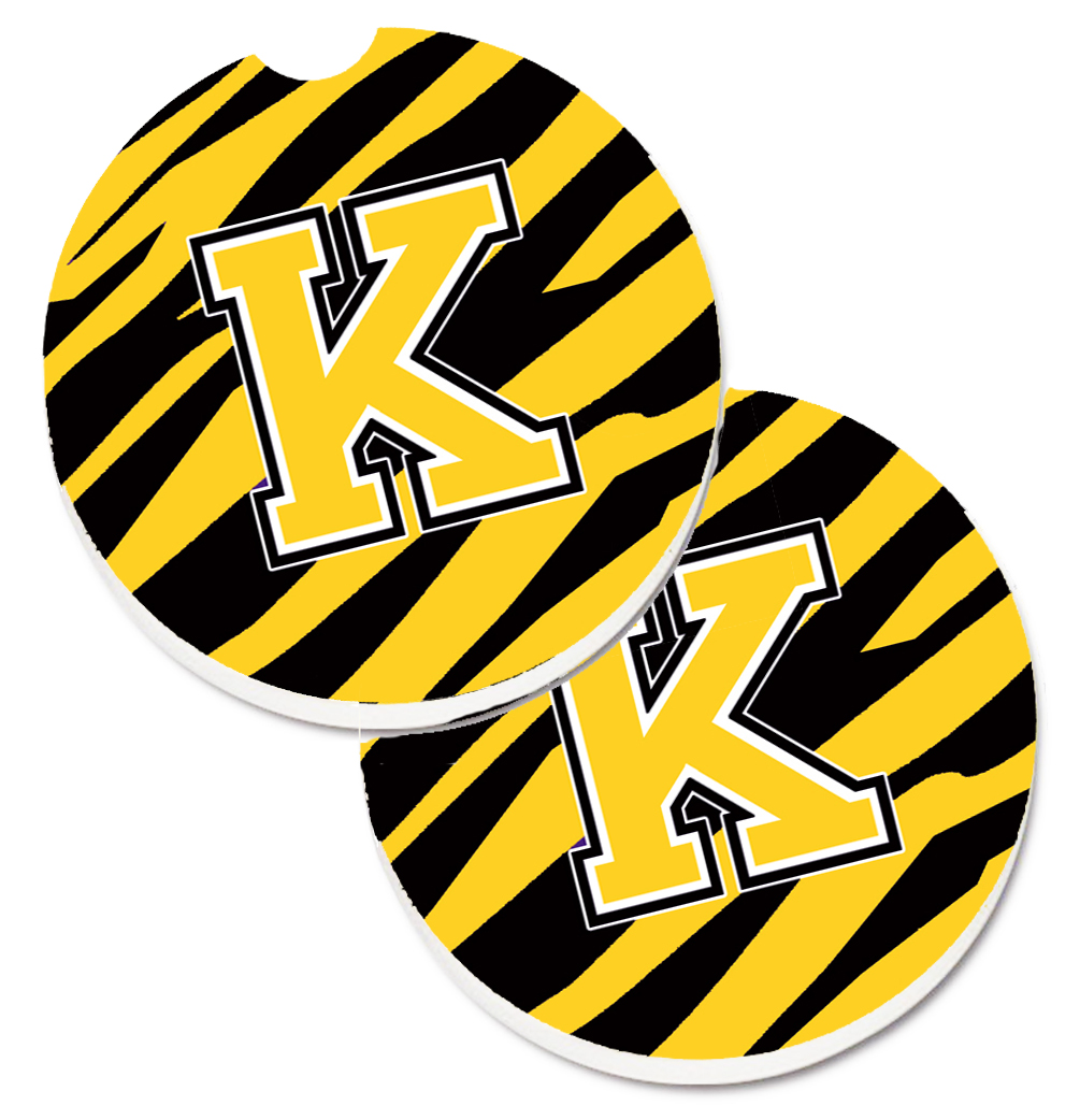 CJ1026-KCARC Monogram Initial K Tiger Stripe Black & Gold Set of 2 Cup Holder Car Coaster
