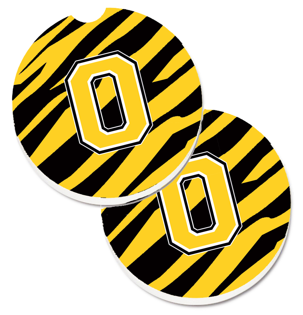 CJ1026-OCARC Monogram Initial O Tiger Stripe Black & Gold Set of 2 Cup Holder Car Coaster