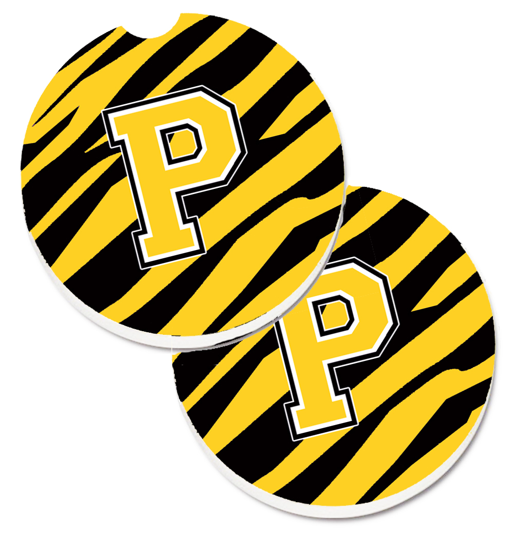 CJ1026-PCARC Monogram Initial P Tiger Stripe Black & Gold Set of 2 Cup Holder Car Coaster