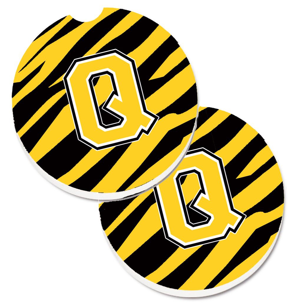 CJ1026-QCARC Monogram Initial Q Tiger Stripe Black & Gold Set of 2 Cup Holder Car Coaster