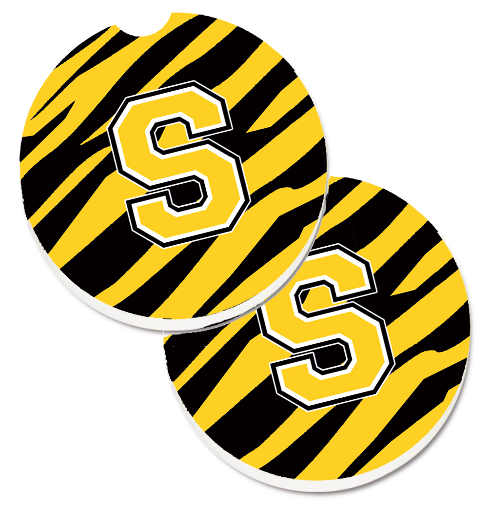 CJ1026-SCARC Monogram Initial S Tiger Stripe Black & Gold Set of 2 Cup Holder Car Coaster