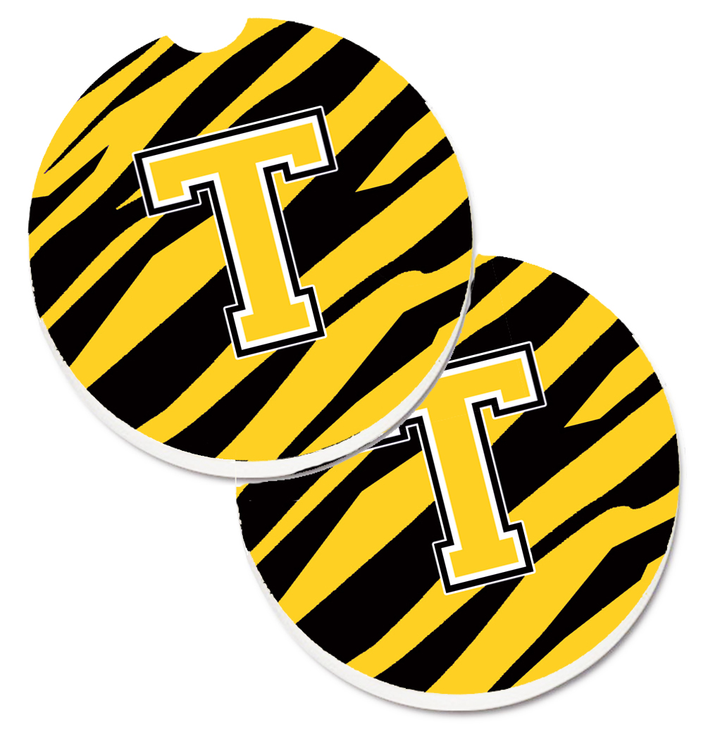 CJ1026-TCARC Monogram Initial T Tiger Stripe Black & Gold Set of 2 Cup Holder Car Coaster