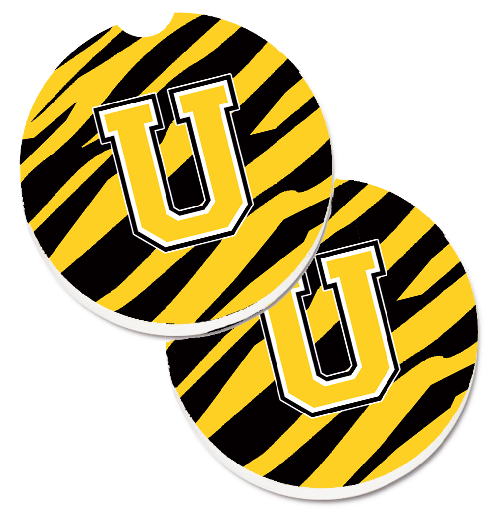 Picture of Carolines Treasures CJ1026-UCARC Monogram Initial U Tiger Stripe Black & Gold Set of 2 Cup Holder Car Coaster