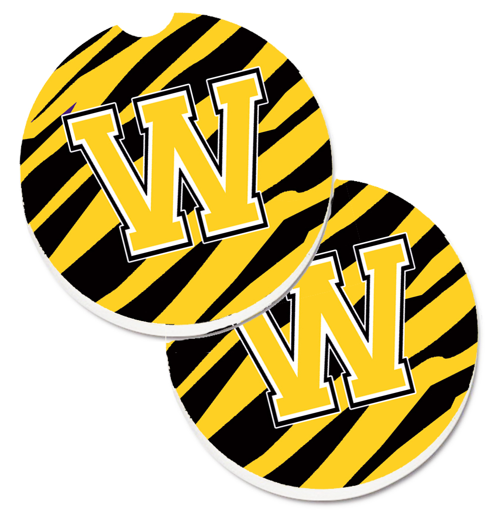 CJ1026-WCARC Monogram Initial W Tiger Stripe Black & Gold Set of 2 Cup Holder Car Coaster