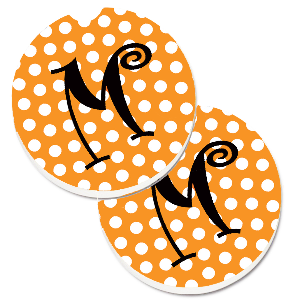 CJ1033-MCARC Monogram Initial M Orange Polkadots Set of 2 Cup Holder Car Coaster