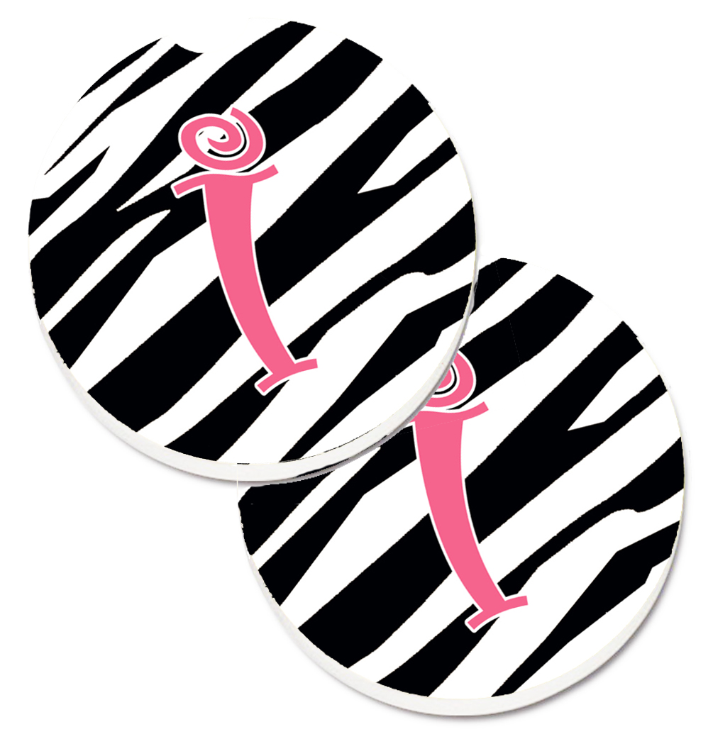 CJ1037-ICARC Monogram Initial I Zebra Stripe & Pink Set of 2 Cup Holder Car Coaster