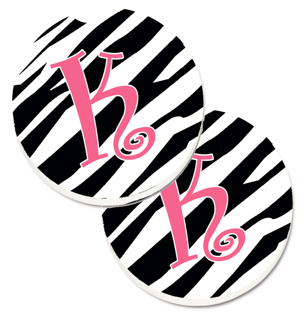 CJ1037-KCARC Monogram Initial K Zebra Stripe & Pink Set of 2 Cup Holder Car Coaster