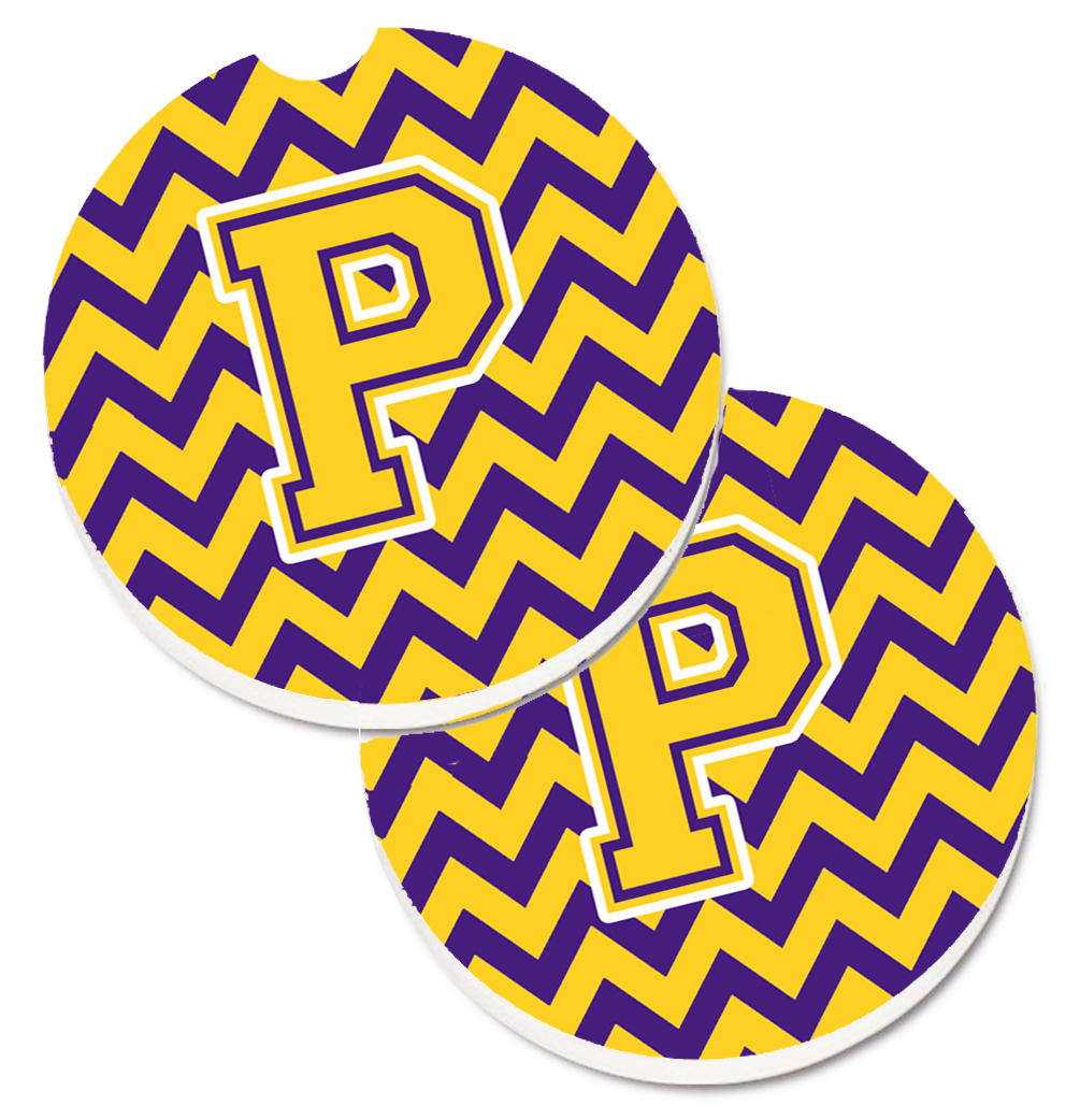 CJ1041-PCARC Letter P Chevron Purple & Gold Set of 2 Cup Holder Car Coaster