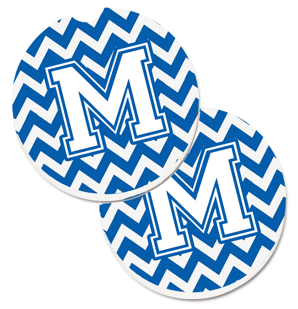 CJ1045-MCARC Letter M Chevron Blue & White Set of 2 Cup Holder Car Coaster