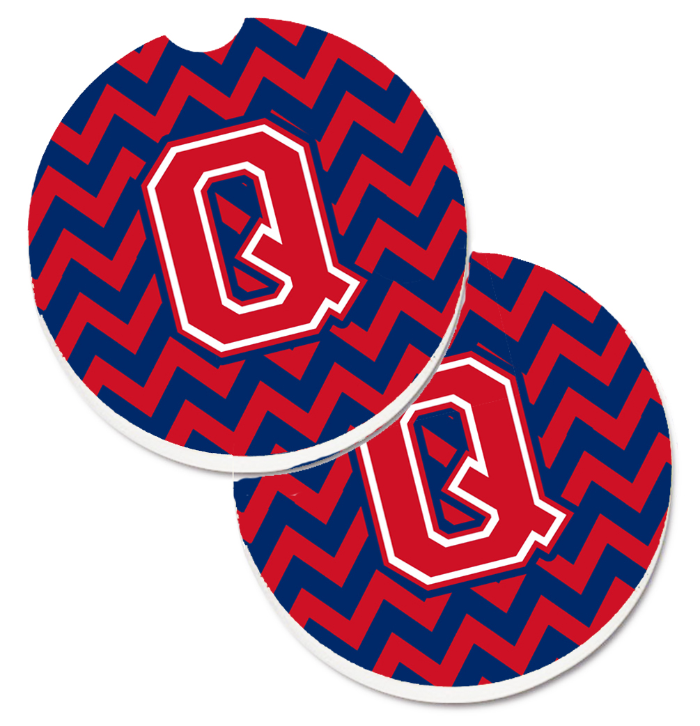 CJ1054-QCARC Letter Q Chevron Yale Blue & Crimson Set of 2 Cup Holder Car Coaster