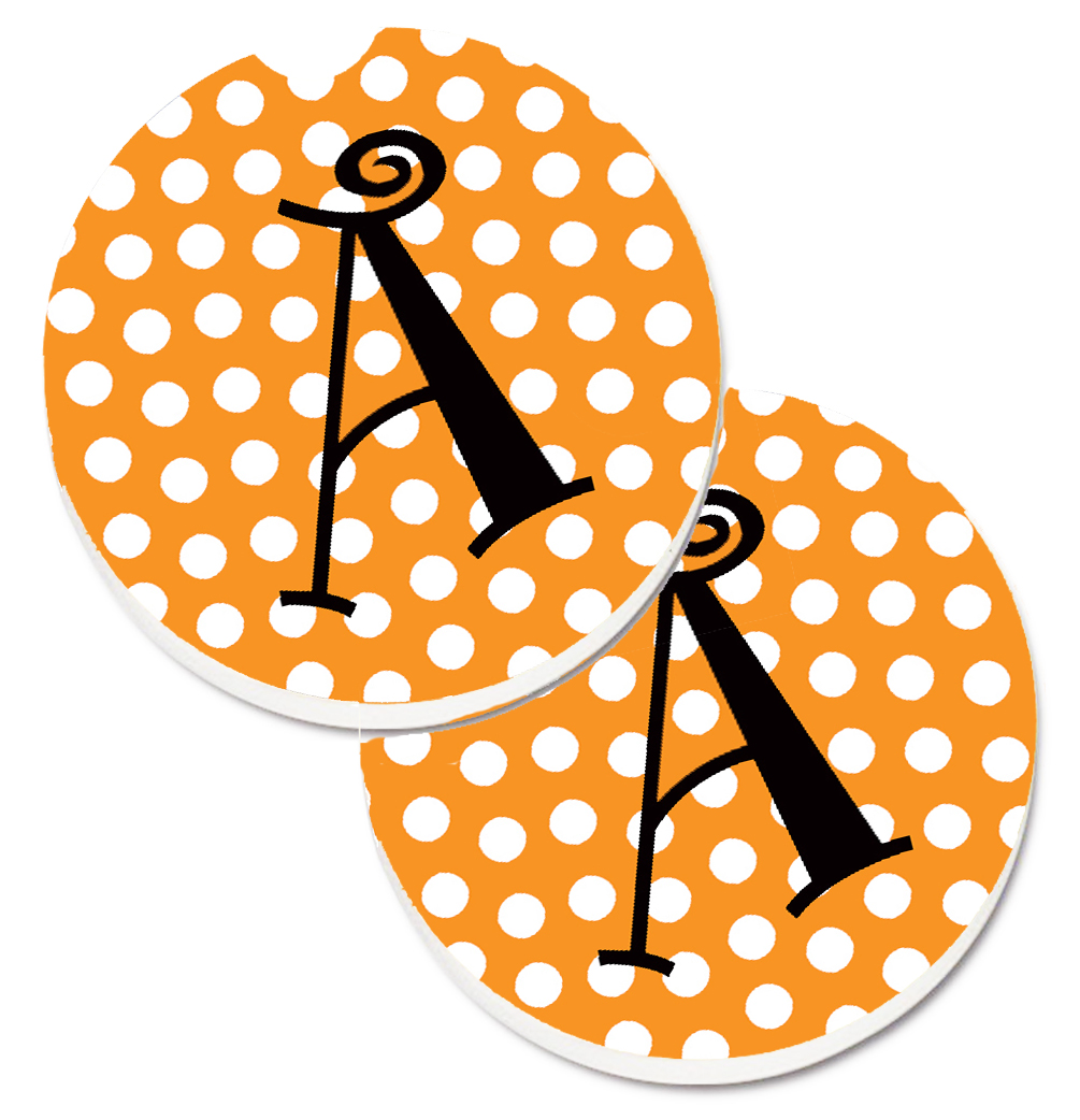 CJ1033-ACARC Letter A Monogram Orange & Black Polka Dots Set of 2 Cup Holder Car Coaster