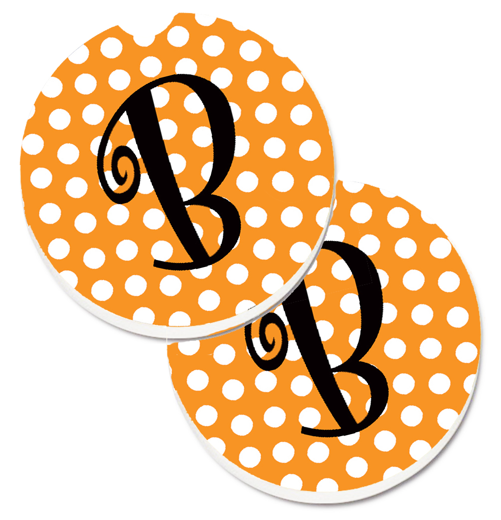 CJ1033-BCARC Monogram Initial B Orange Polkadots Set of 2 Cup Holder Car Coaster