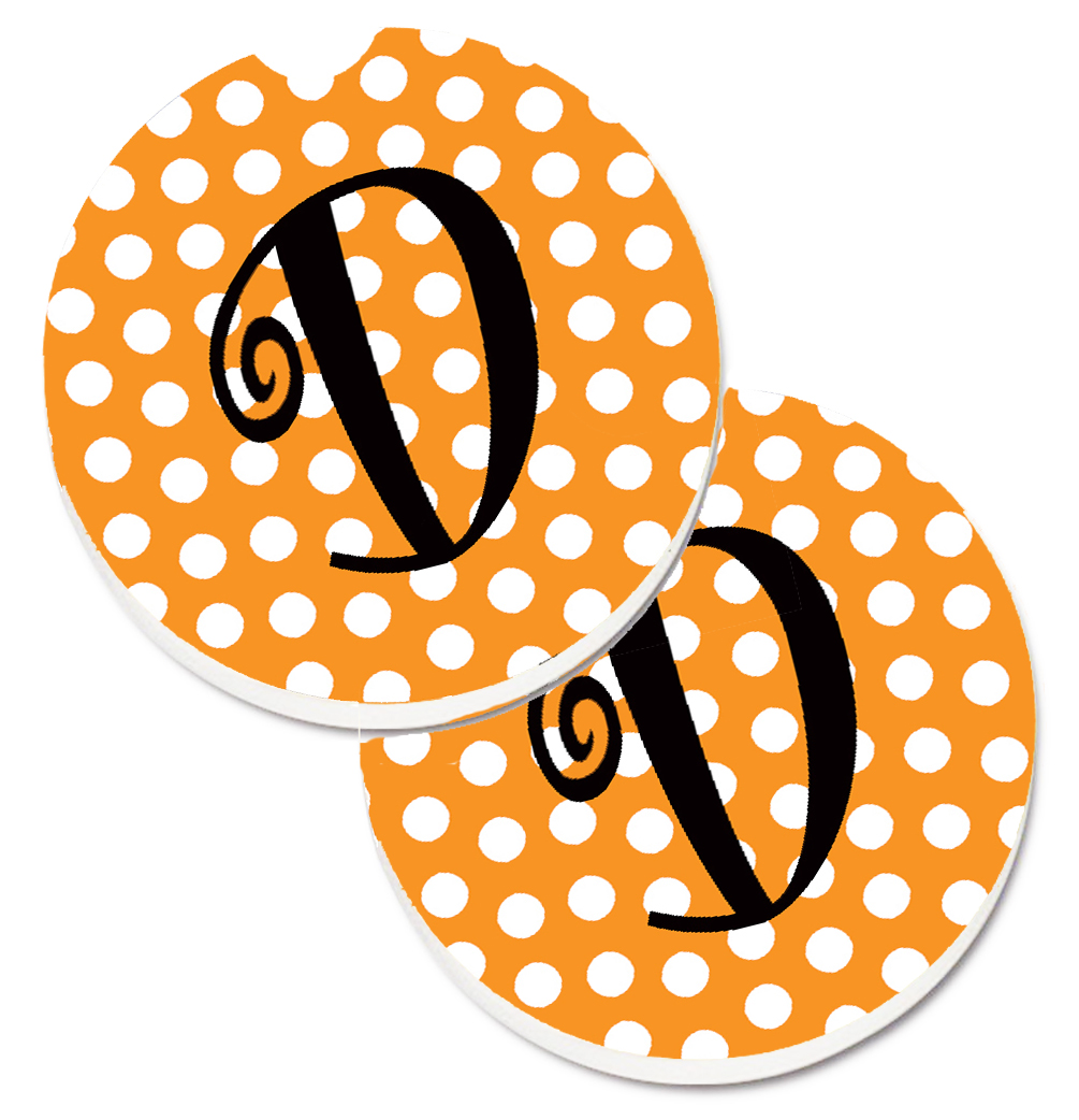 CJ1033-DCARC Monogram Initial D Orange Polkadots Set of 2 Cup Holder Car Coaster