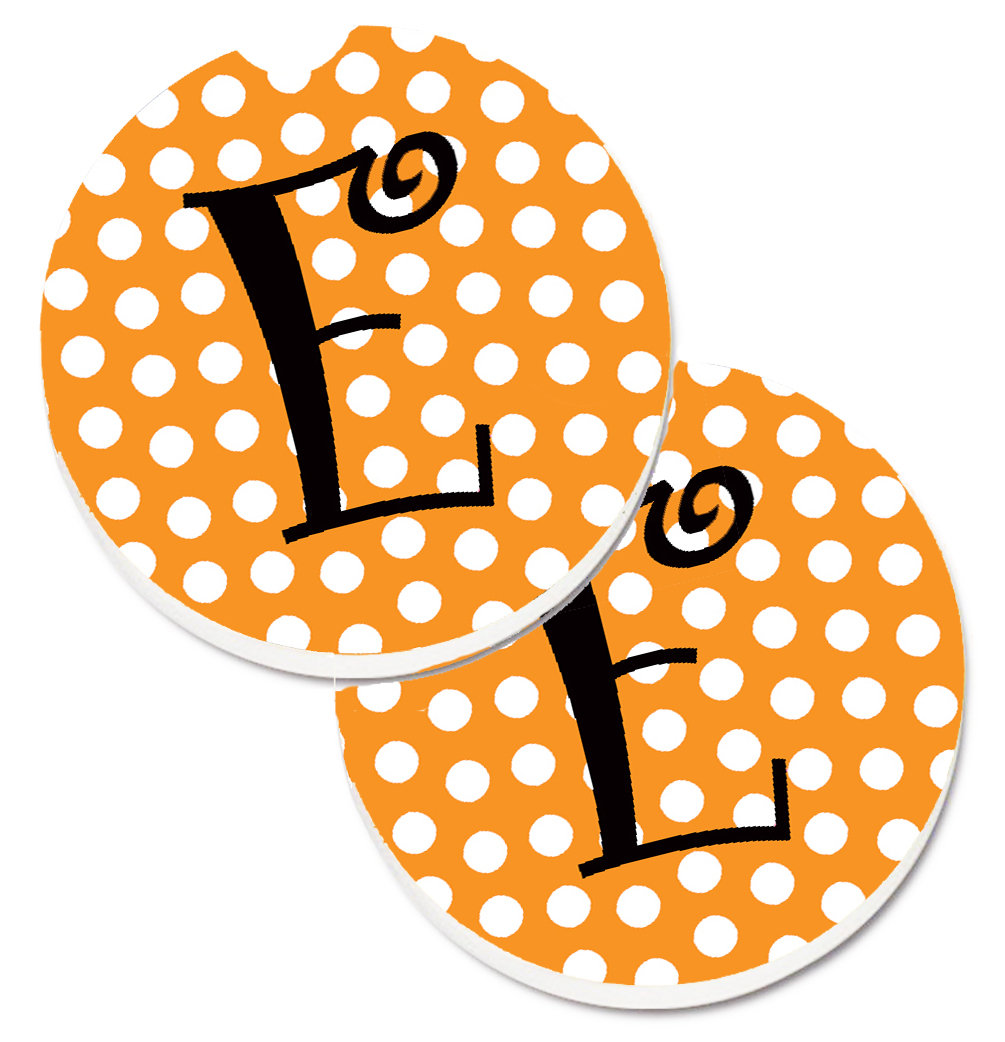 CJ1033-ECARC Monogram Initial E Orange Polkadots Set of 2 Cup Holder Car Coaster