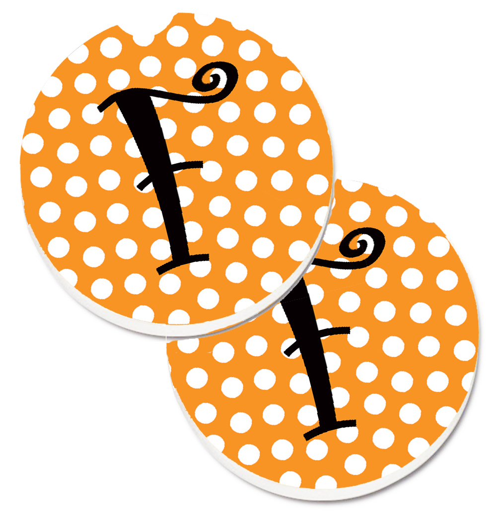 CJ1033-FCARC Monogram Initial F Orange Polkadots Set of 2 Cup Holder Car Coaster