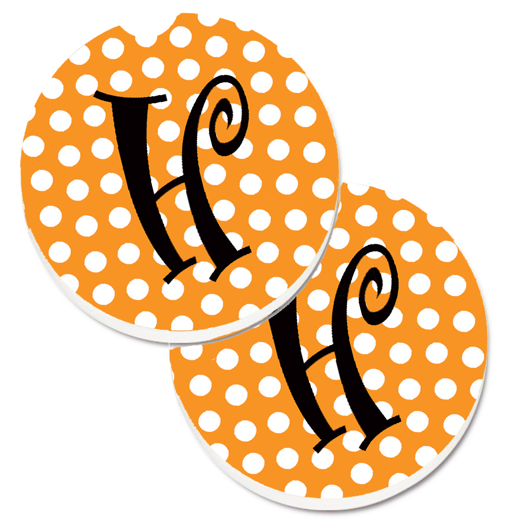 Monogram Initial H Orange Polkadots Set of 2 Cup Holder Car Coaster