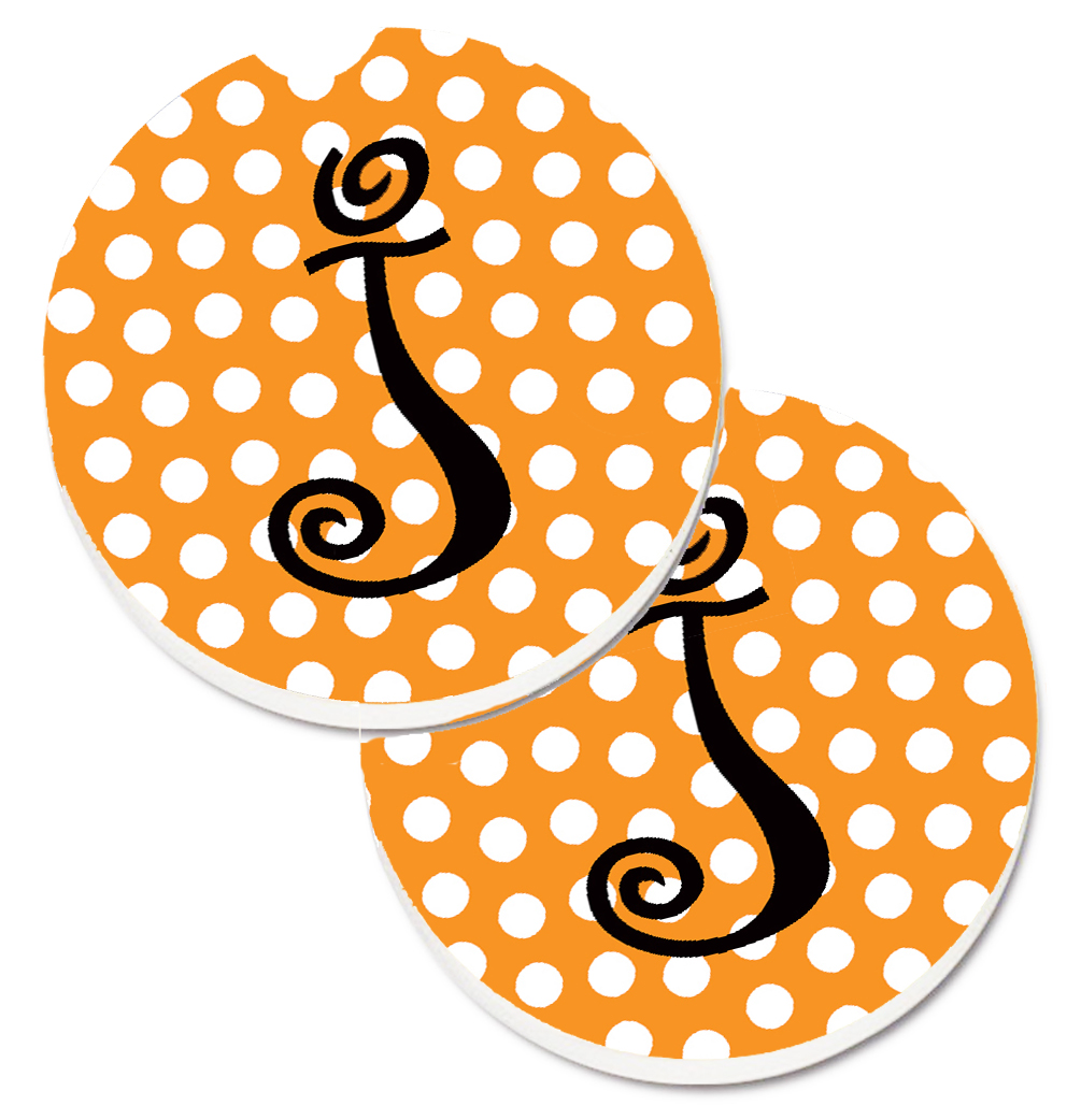CJ1033-JCARC Monogram Initial J Orange Polkadots Set of 2 Cup Holder Car Coaster
