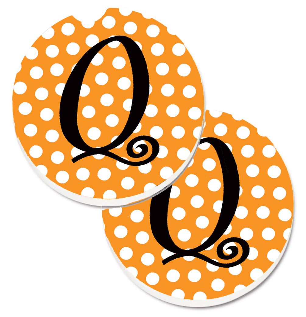 CJ1033-QCARC Monogram Initial Q Orange Polkadots Set of 2 Cup Holder Car Coaster