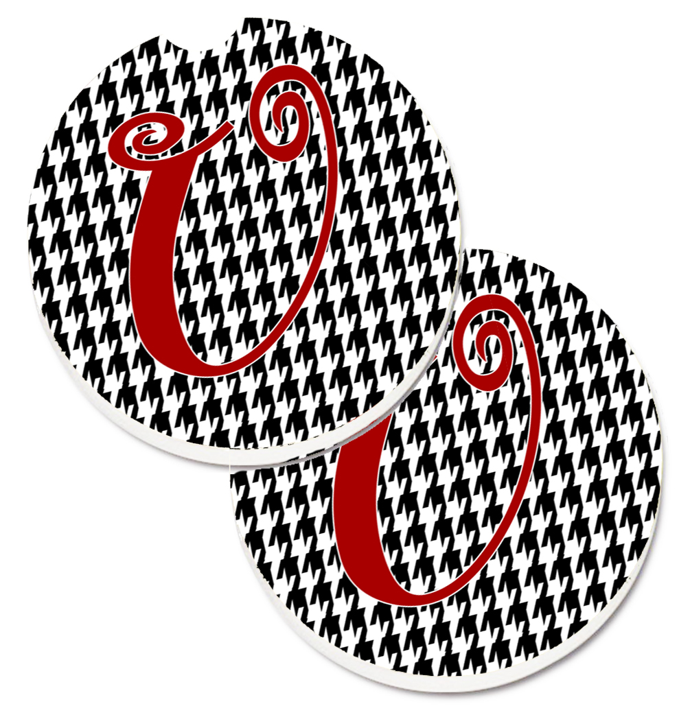 CJ1035-UCARC Monogram Initial U Houndstooth Black Set of 2 Cup Holder Car Coaster