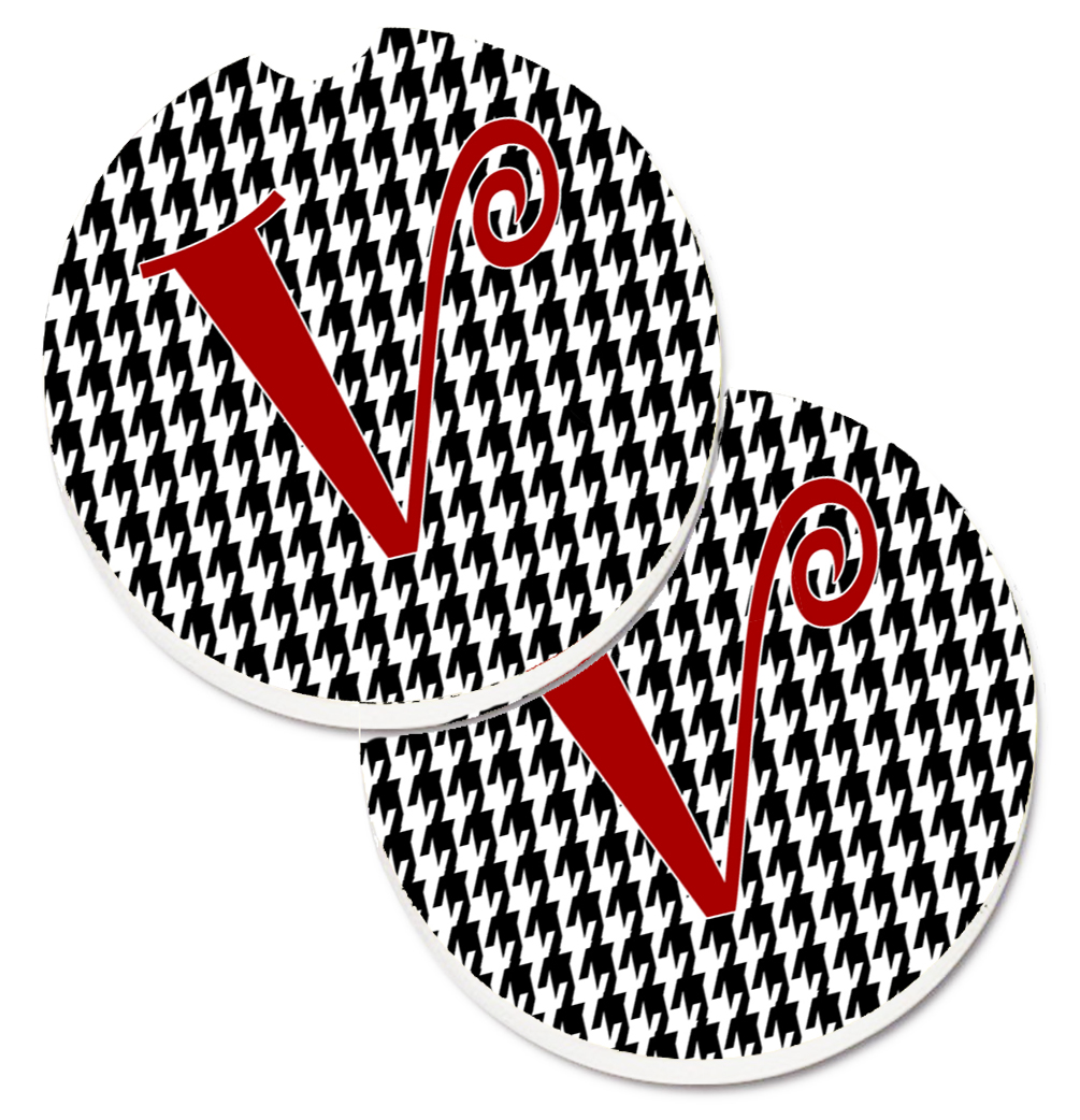 CJ1035-VCARC Monogram Initial V Houndstooth Black Set of 2 Cup Holder Car Coaster